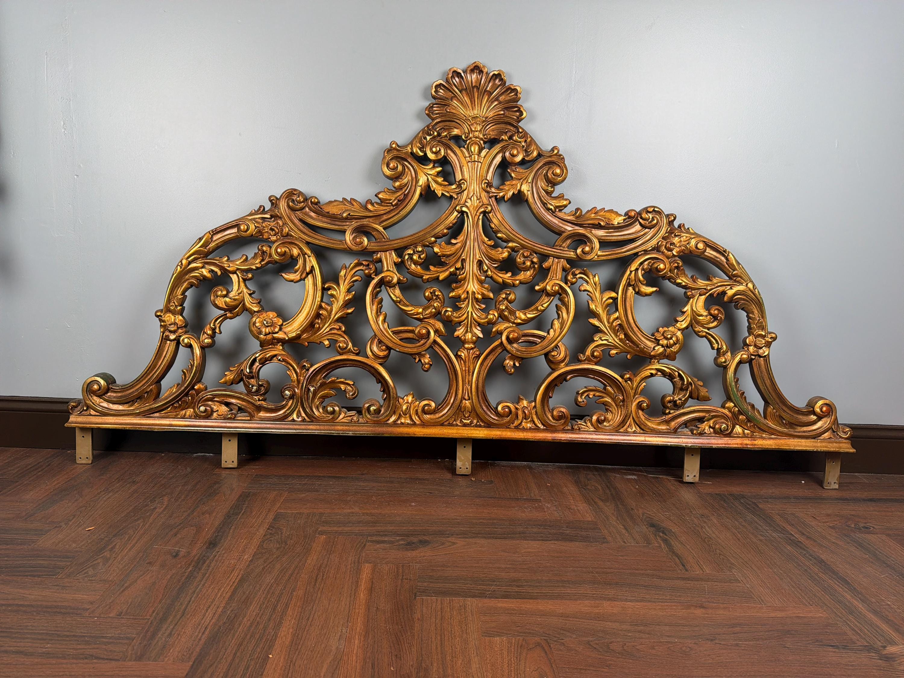 Vintage Rococo King Headboard | Ornate Gold-Tone Cast Metal Statement Piece