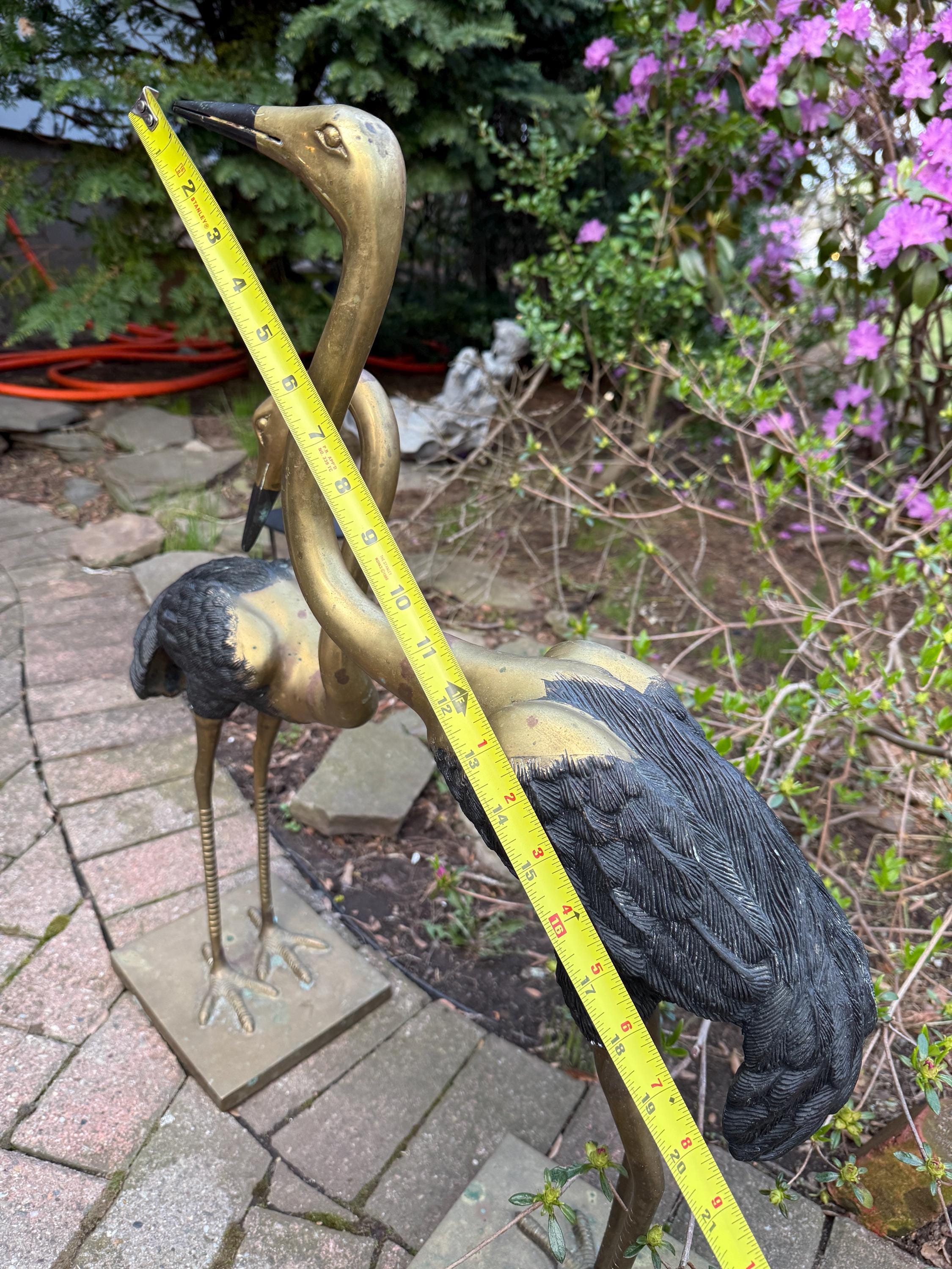 Vintage Boho Brass & Pewter Gold Black Crane Statues Tall Garden Heron Sculptures Bird Sculptures Garden / Fireplace Decor Home Decoration