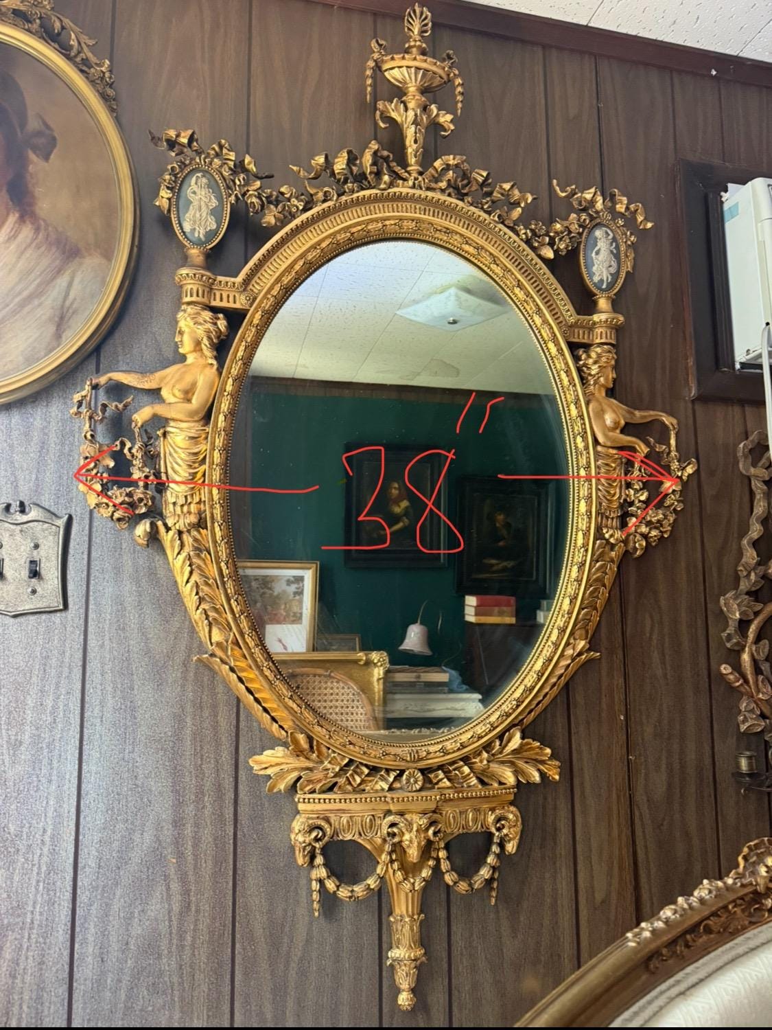 Antique French Gilded Convex Mirror, Neoclassical Urn & Female Figures