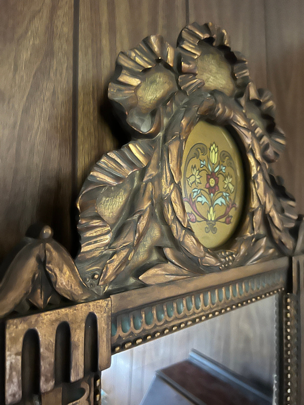 French Style Impressive Antique Gold GiltTrumeau Wood Mirror Hand Carved Floral Reverse Painting Ribbon Crest Frame Tulip Folk Art Style