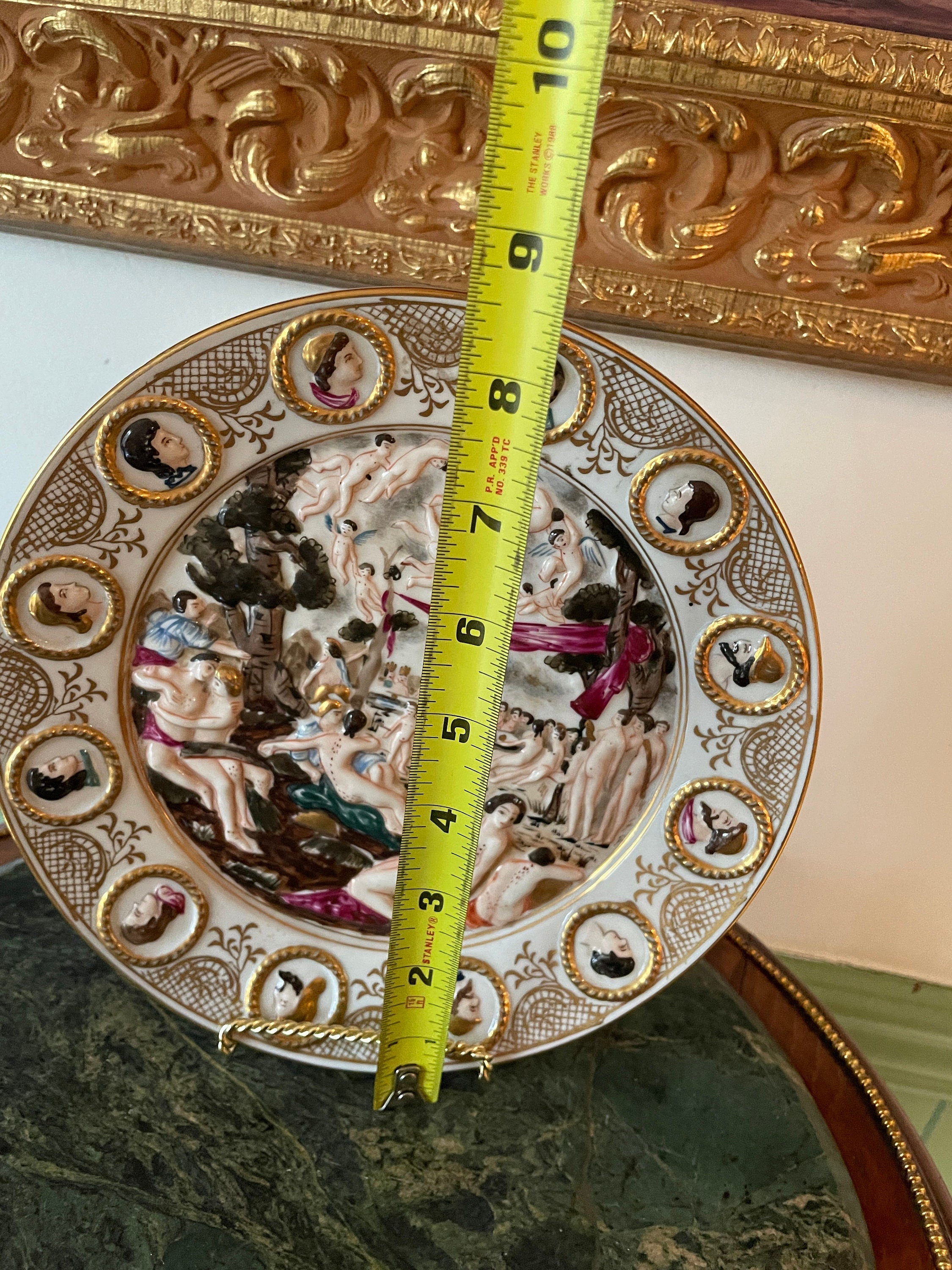 Antique Nude Scene Porcelain Plate Embossed Gold Border Mythological Bacchanal Style Collectible Display Hand Painted Rococo Decoration