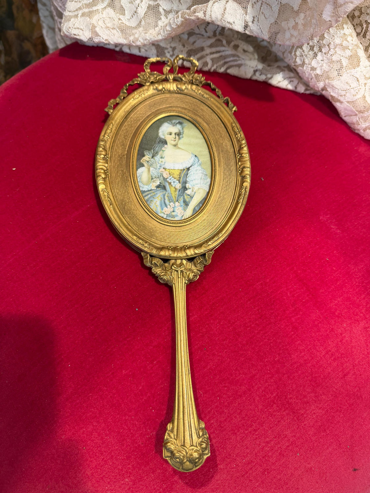 Victorian Style Brass Hand Mirror, Marie Antoinette Portrait, Rococo Decor