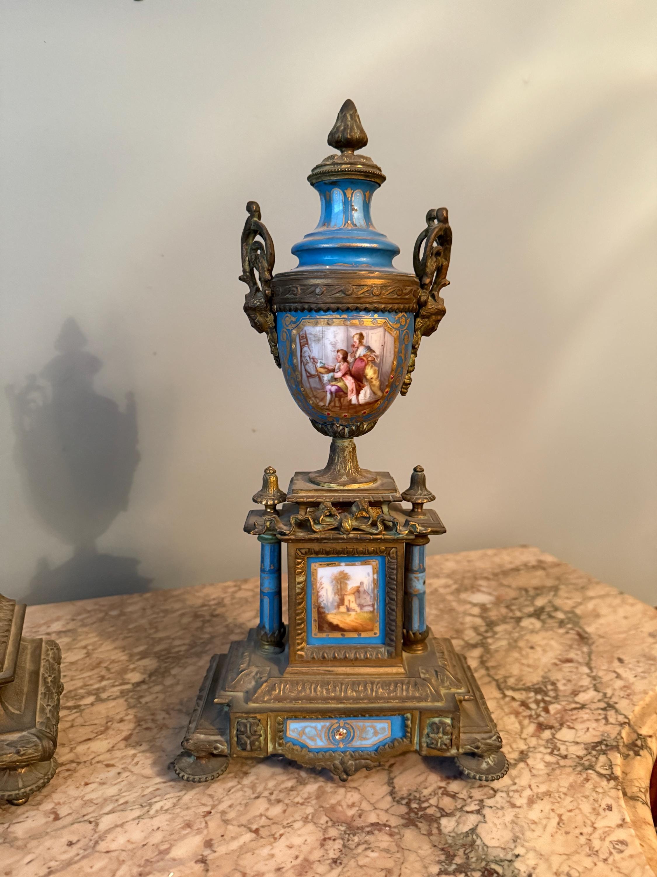 Exquisite Antique French Sevres Blue Porcelain Gilt Bronze Clock Set Late 19th Century 3 Piece Mantel Garniture Hand Painted Romantic Scenes