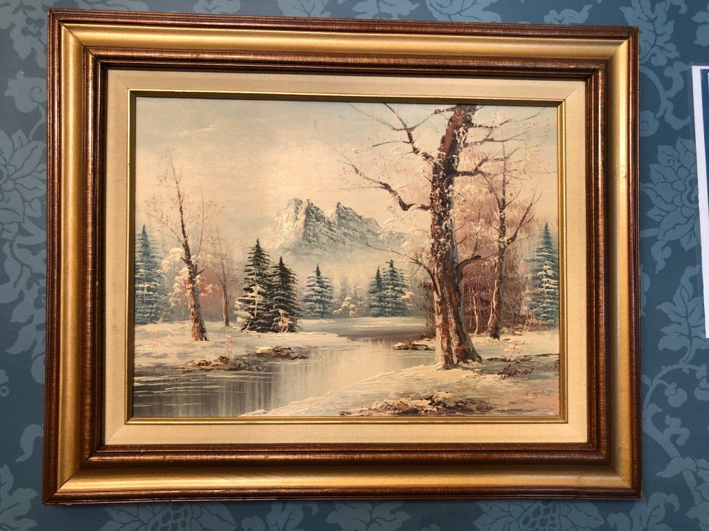 Vintage Oil Painting Winter Scene Snowy Art Landscape Wooden Framed Wall Art Gold / Brown Wood Frame Signed