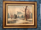 Vintage Oil Painting Winter Scene Snowy Art Landscape Wooden Framed Wall Art Gold / Brown Wood Frame Signed