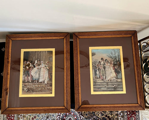 Antique French Style Prints Pair Elegant Wedding Celebration Scenes Gilded Mat Brown Frame Victorian Wall Art Home Decor Romantic Touch