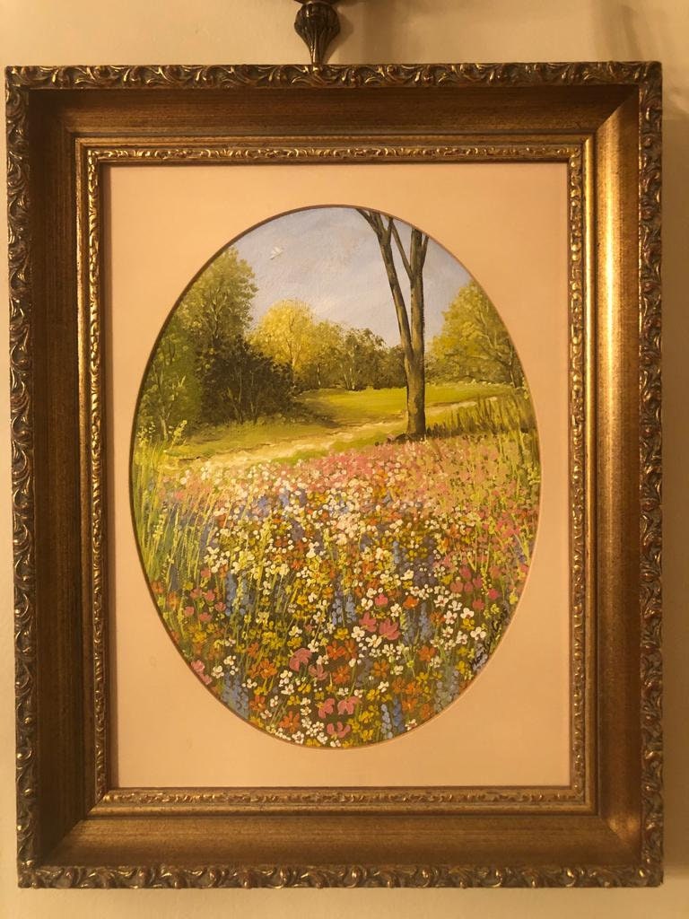 Vintage Oval Framed Wildflower Landscape Painting Signed by Artist Marilyn Goff Peaceful Countryside Cottage Meadow Garden Scene Decoration