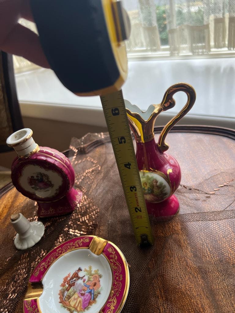 Limoges France Pink Gold Porcelain Perfume Bottle Pitcher Ashtray Set Romantic Scene Rococo Decoration Collectible Vintage Elegant Gift