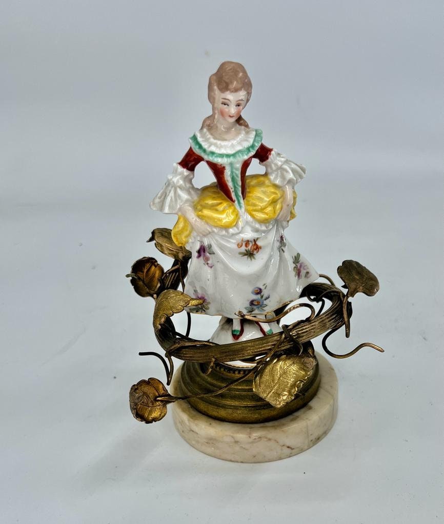 Vintage German Porcelain Lady Figurine Lamp Gilt Brass Floral Vines Rococo Style Marble Base Table Accent Lighting Collectible Decoration
