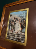 Antique French Style Prints Pair Elegant Wedding Celebration Scenes Gilded Mat Brown Frame Victorian Wall Art Home Decor Romantic Touch