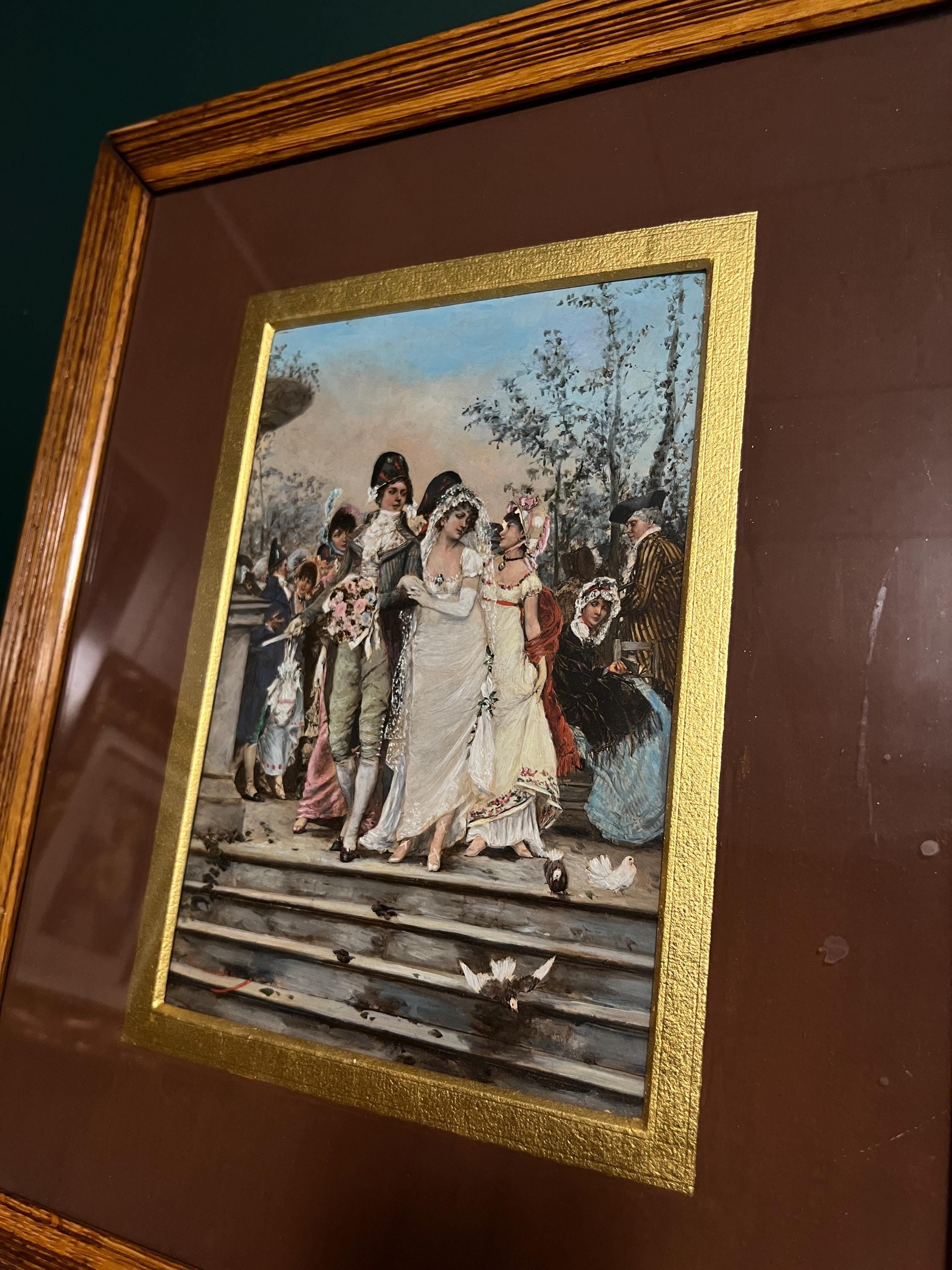 Antique French Style Prints Pair Elegant Wedding Celebration Scenes Gilded Mat Brown Frame Victorian Wall Art Home Decor Romantic Touch