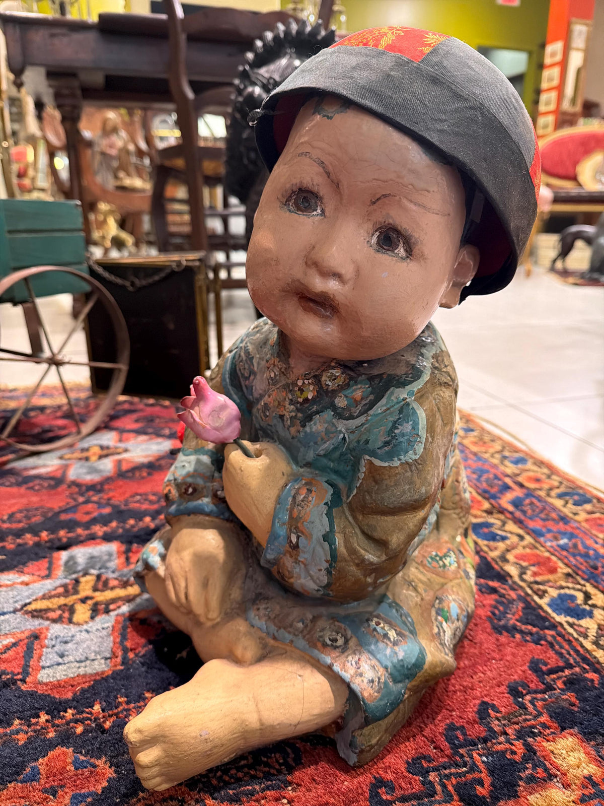 Antique Chinese Child Statue Holding Flower Asian Composition Figure Oriental Decorative Sculpture 16”