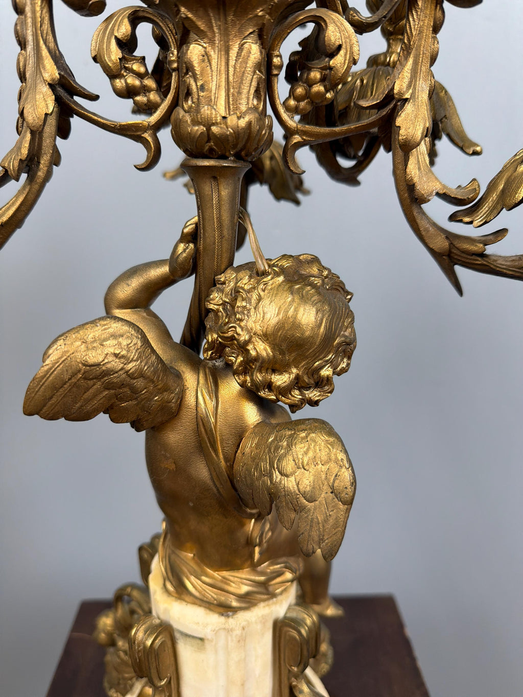 Antique French Ormolu Cherub Candelabra Pair, Gilt Bronze Marble Base Louis XVI Style