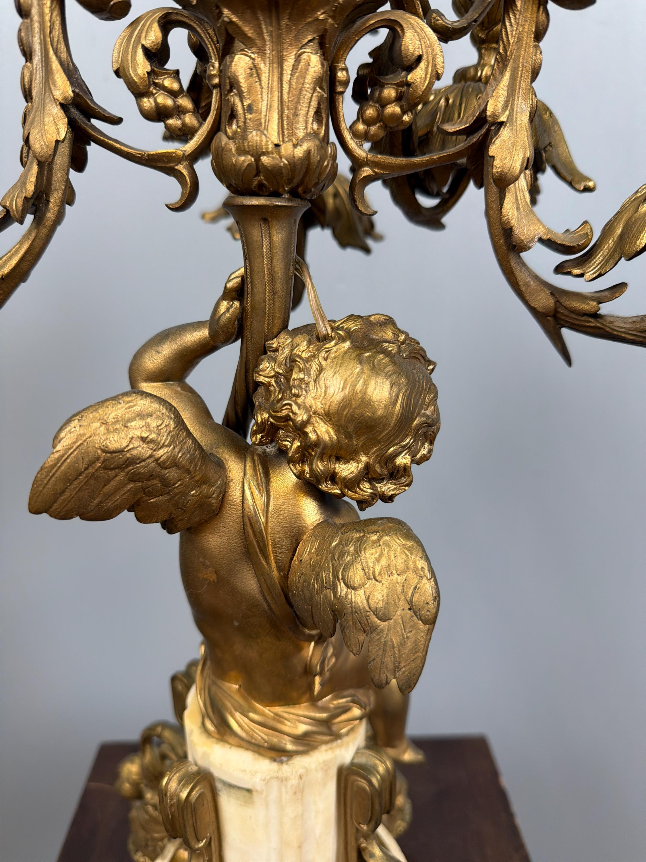 Antique French Ormolu Cherub Candelabra Pair, Gilt Bronze Marble Base Louis XVI Style