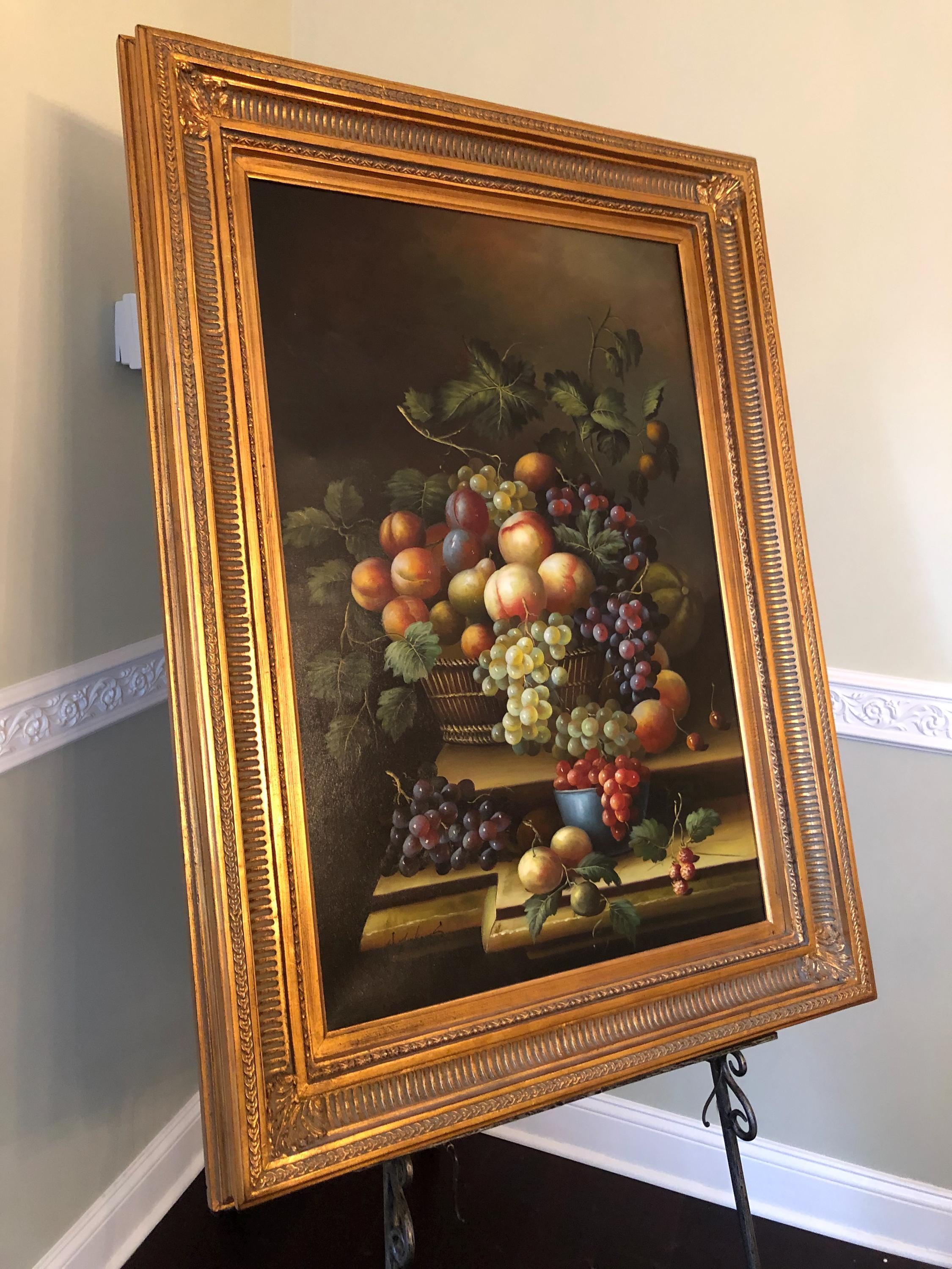 Vintage Gold Wood Framed Fruit Still Life Oil Canvas Painting Wall Art.Home Decoration Wall Art