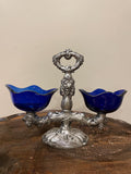 Antique Silver Salt Cellar Cobalt Blue Glass Insert Ornate Grape Design Rococo Centerpiece Victorian Dining Table Collectible Decoration