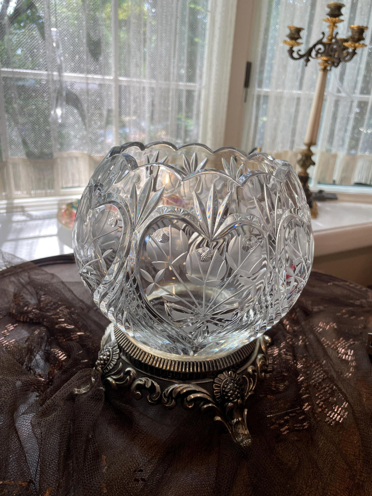 Cut Crystal Bowl Ornate Footed Metal Base Vintage Decorative Centerpiece Elegant Clear Glass Display Collectible Home Decor Statement Piece