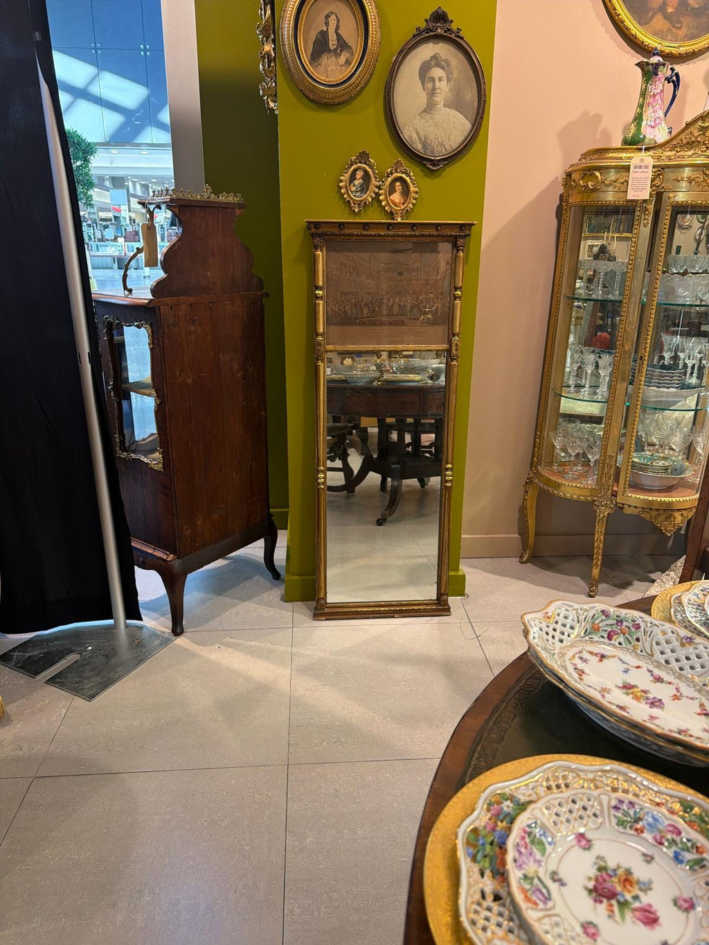 Antique French Trumeau Mirror with Engraved Scene Panel, Gilt Wood Frame, 19th Century