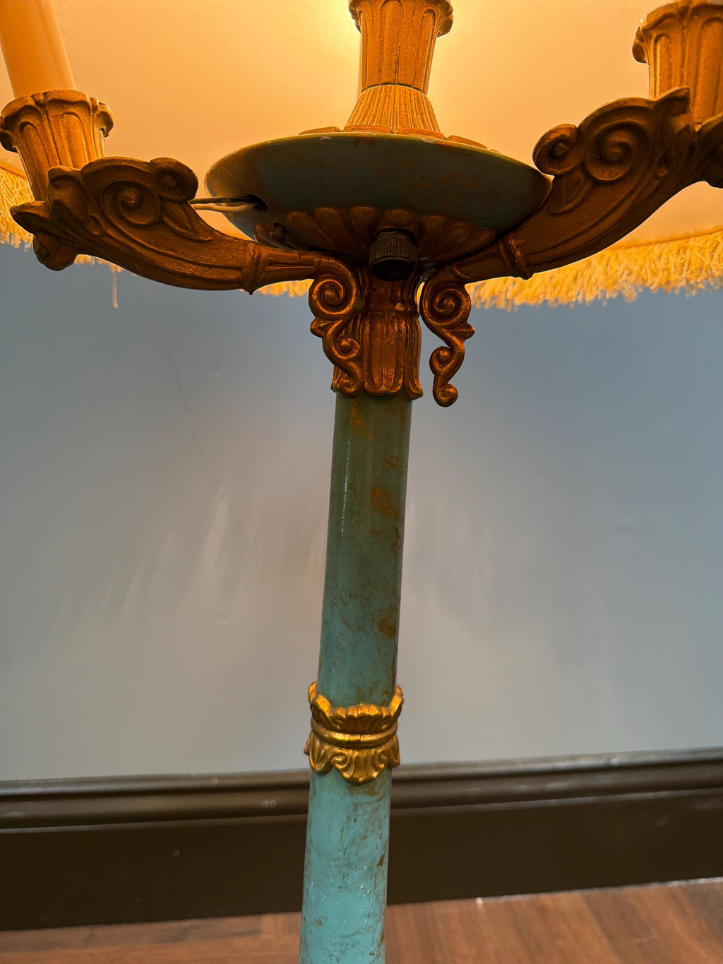 Vintage Florentine Style Table Lamp, Turquoise Blue & Gold Gilt Lamp, Fringe Shade Accent Lighting