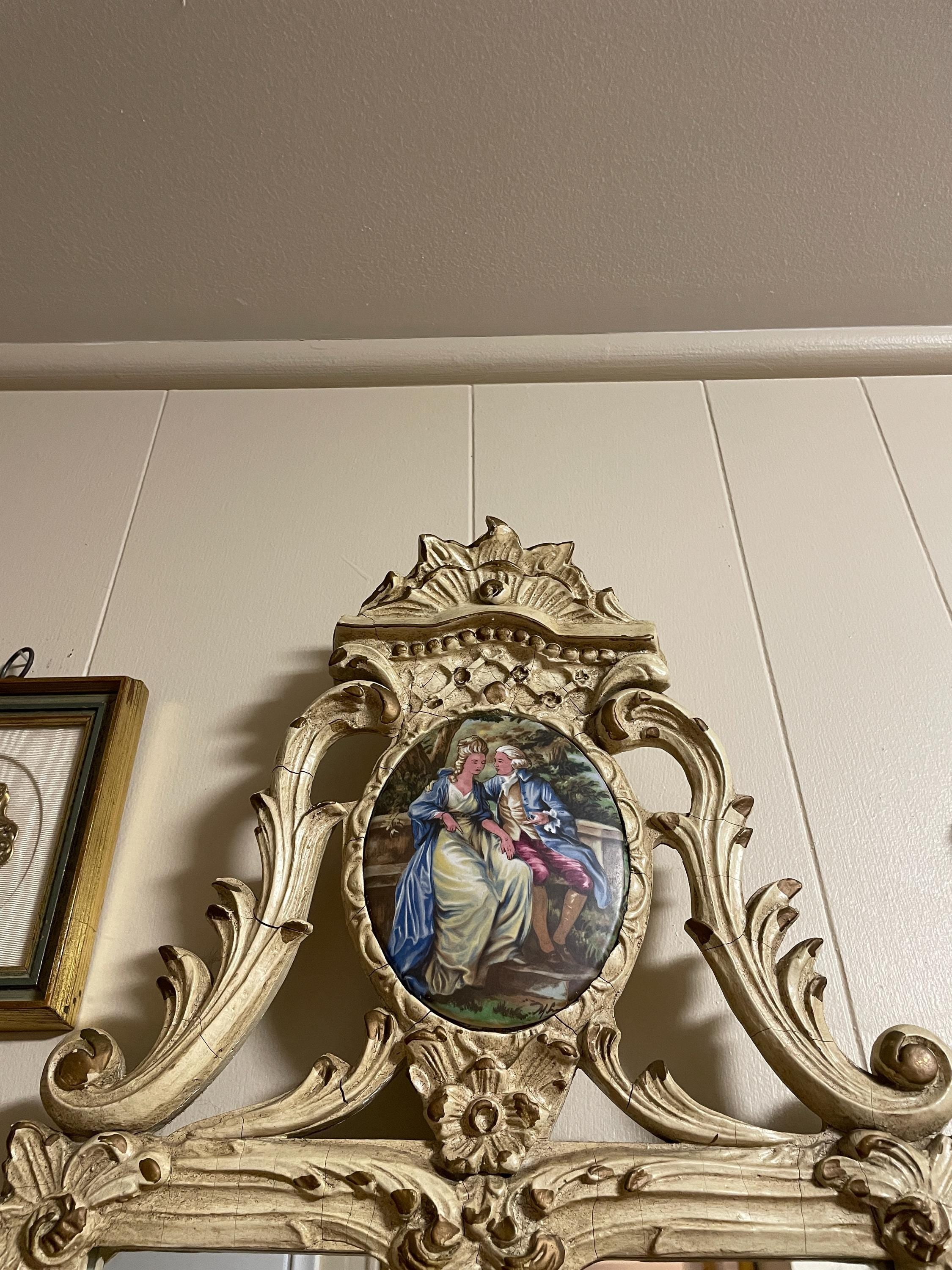 Antique French Rococo Mirror Large Hand Painted Porcelain Plaque Gilt Carved Wood Frame Ornate Wall Mirror Vintage French Home Decor