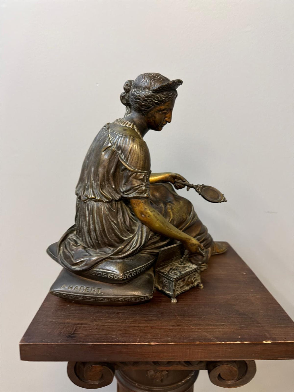 Antique French Bronze Sculpture: Neo-Classical Seated Woman with Mirror, Signed A. Habert