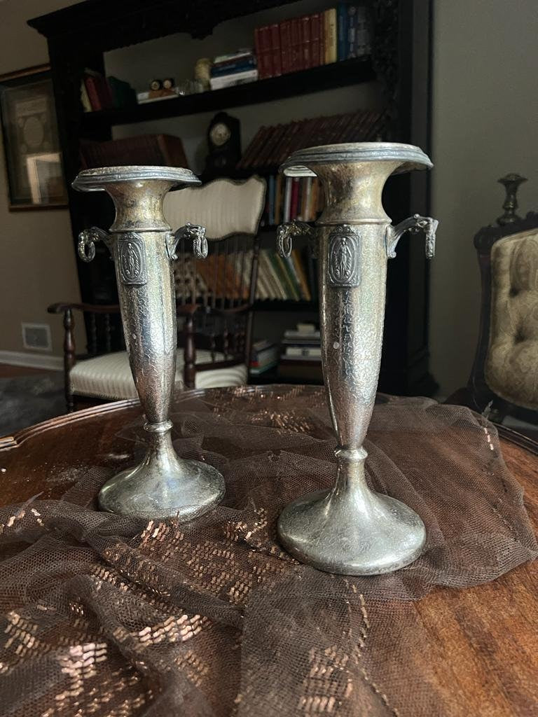 Antique Art Nouveau Silverplate Candlestick Pair Ornate Column Design Lion Head Handles Decorative Candle Holder Home Decor Display Accent