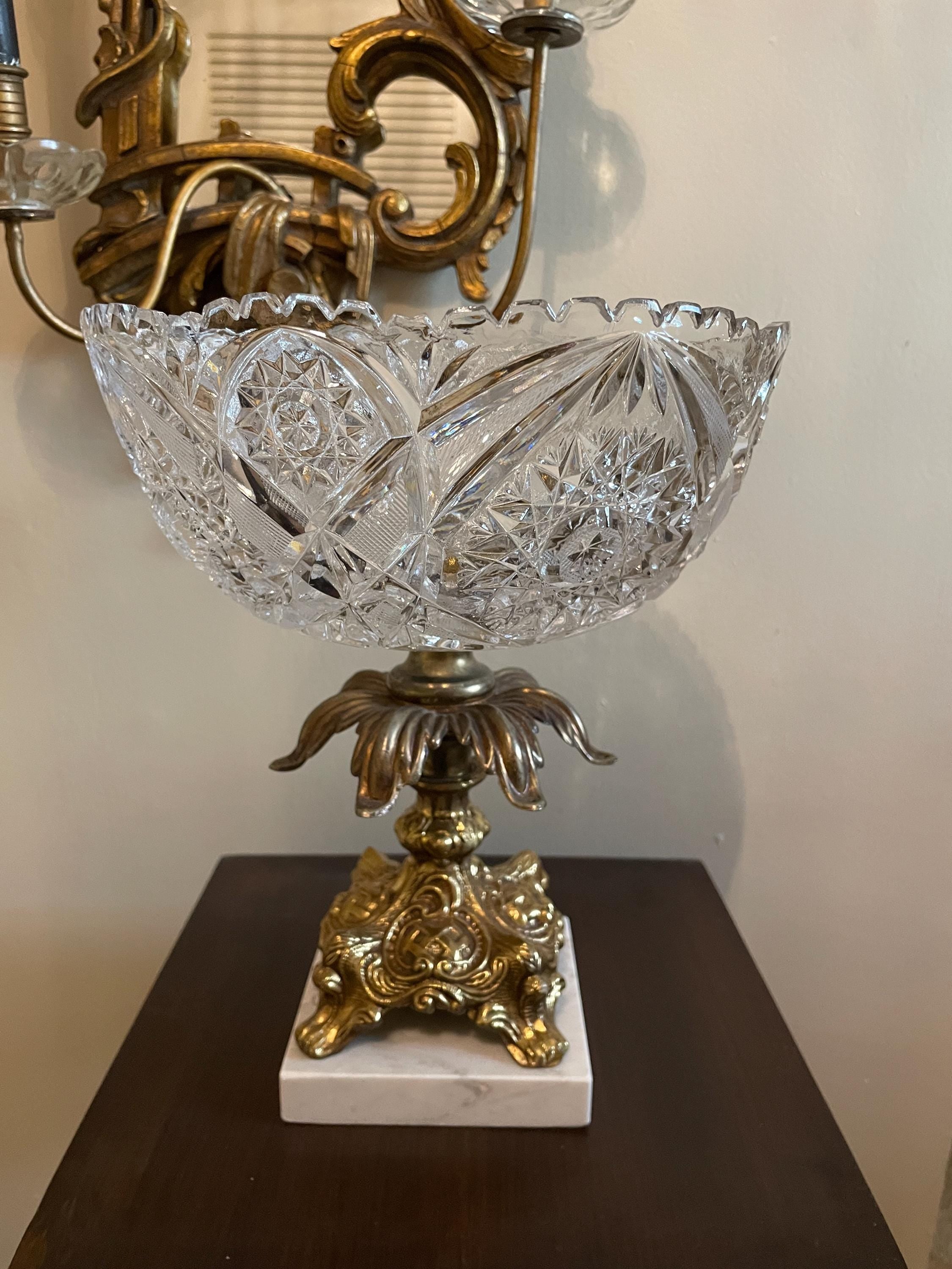 Vintage Crystal Cut Glass Bowl on Ornate Brass Marble Base Stunning Centerpiece Decorative Accent Classic Style Elegant Display Decoration