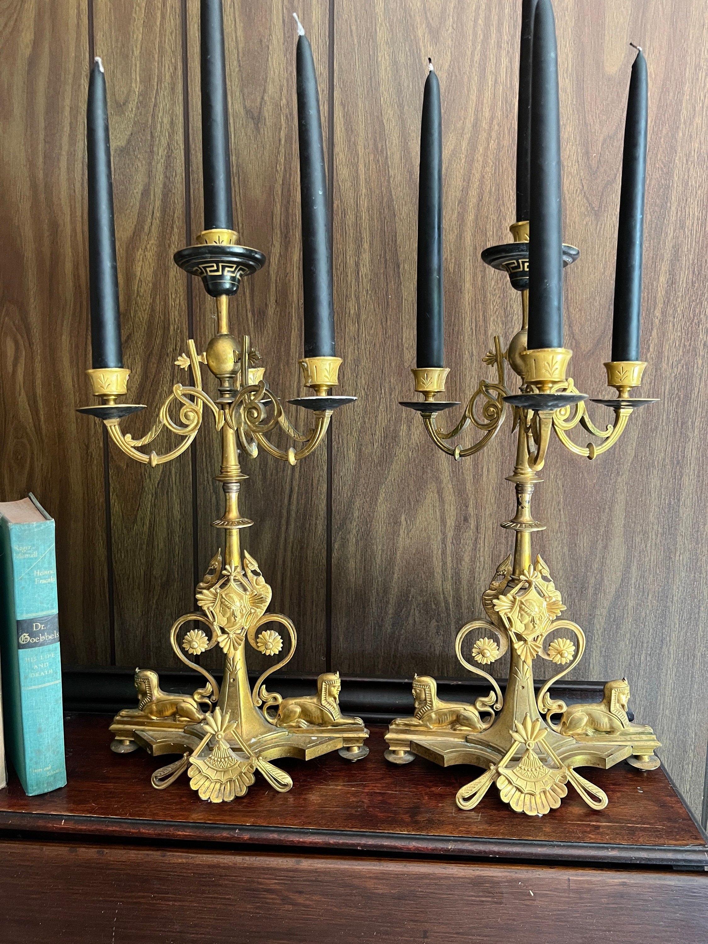 Pair of Empire 5 Light Brass Gold Black Candelabra Unique Sphinx Design Candlesticks Candleholer