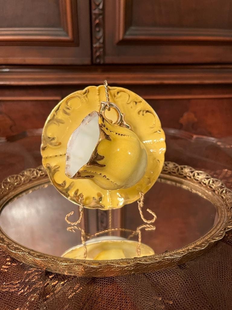 Vintage Yellow Ornate Porcelain Teacup Set Japanese Rococo Baroque Style Embossed Design Collectible Display Piece Japan Marked Elegant