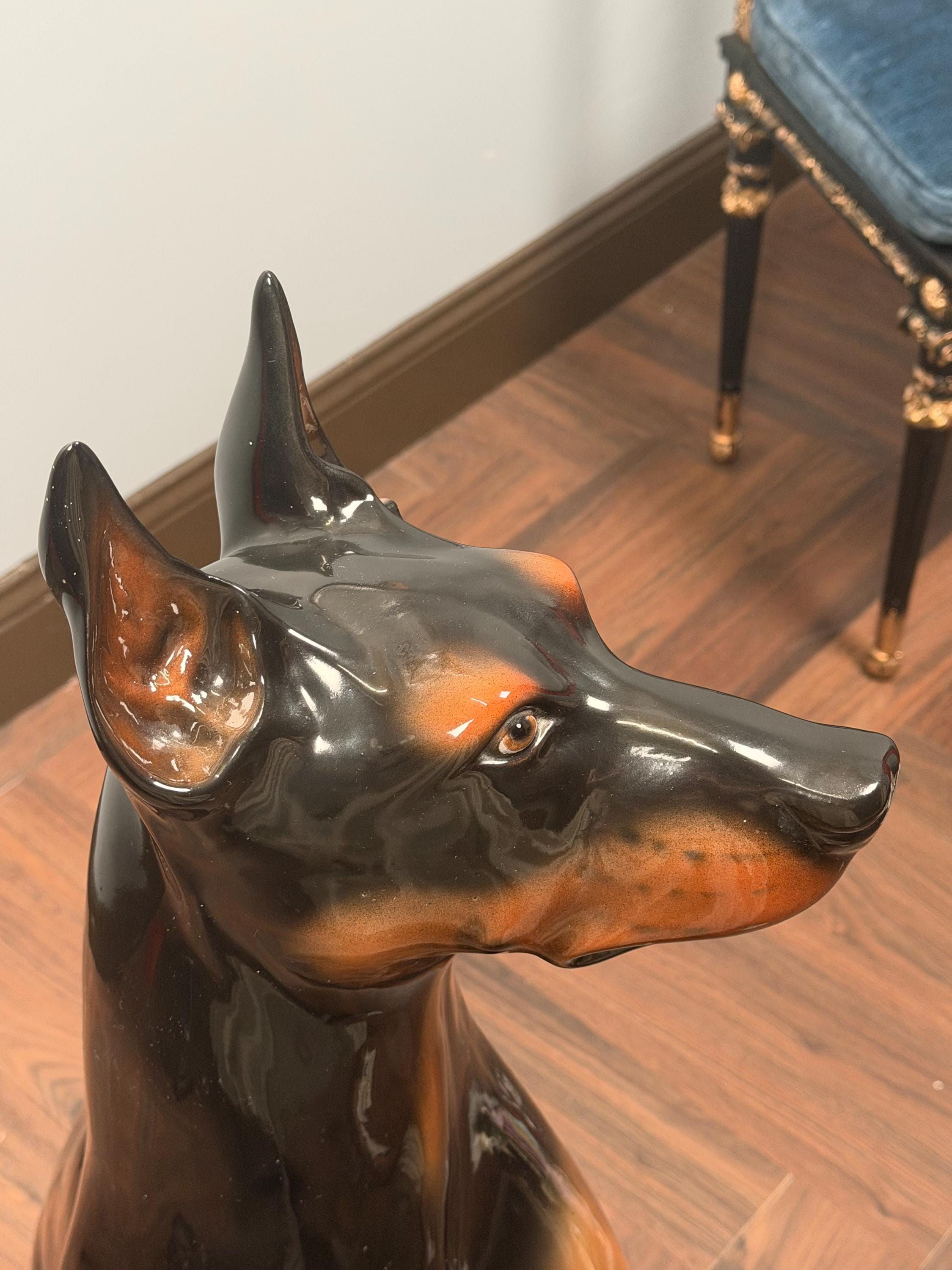 Large Vintage Ceramic Doberman Dog Statue, Black Brown Glazed Figurine, Mid-Century Guard Dog Decor 36.5" x 14"