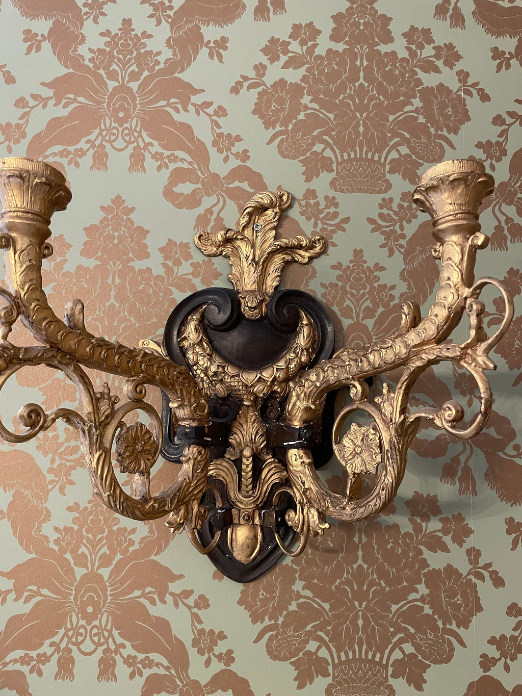 Pair of Vintage Heavy Gold Cast Iron Candlestick  Wall Sconces