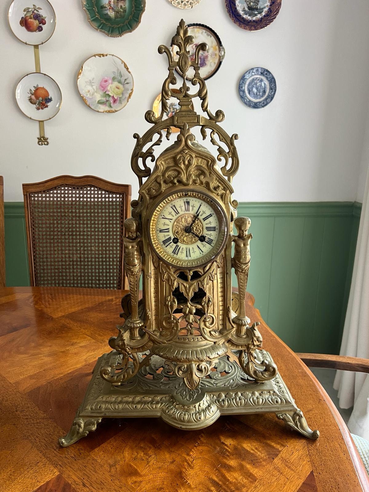 Antique French Brass Mantel Clock Rococo Style Decorative Piece Elegant Design Working Condition Statement Decor Collectible Treasure