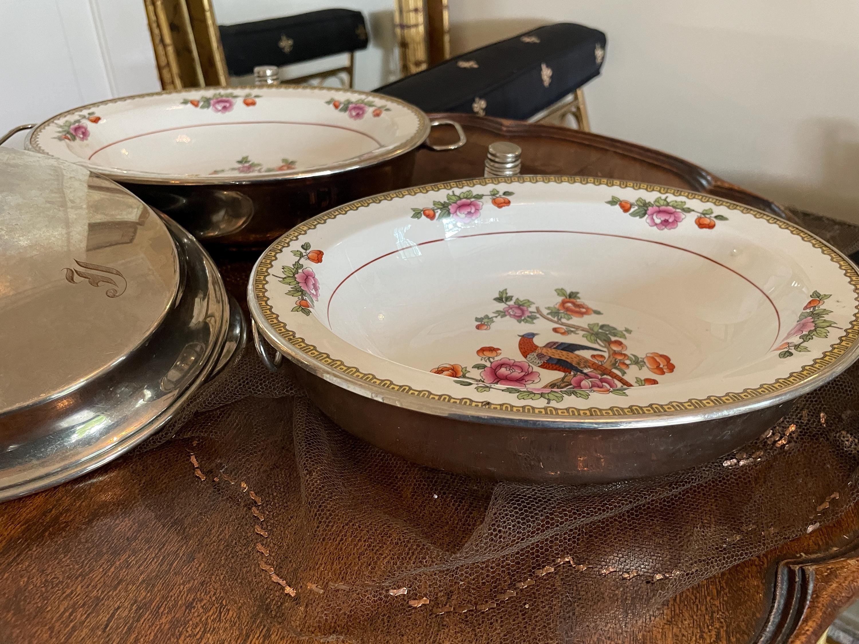 Antique Floral Porcelain Bowl Pair Peacock Motif Hot Serving Dishes Asian Style Insulated Metal Base Colorful Detailed Vintage Kitchen Decor