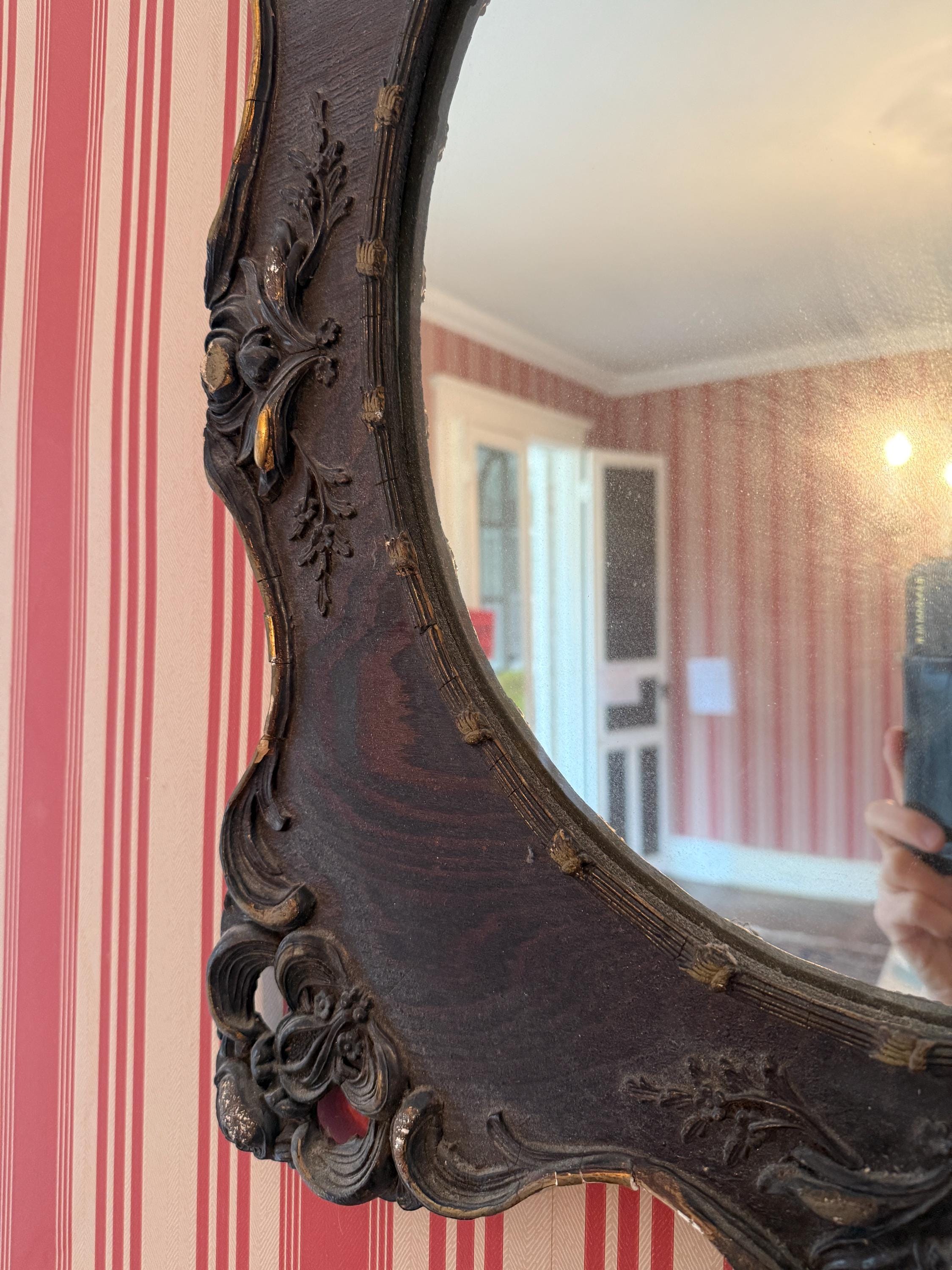 Antique Victorian Wall Mirror Ornate Carved Oval Mirror Gilded Accents Gothic Gesso Rococo Decor Dark Wood Baroque French Luxurious Mirror