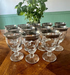 Vintage Silver Rimmed Water Goblets Set Elegant Clear Glass Footed Cups Classic Mid Century Barware Wedding Dinner Display Collection