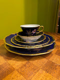 Vintage Cobalt Blue Porcelain Diner Set 22K Gold Hand Painted Bavaria Waldershof Floral Tea Set 12 Place Settings