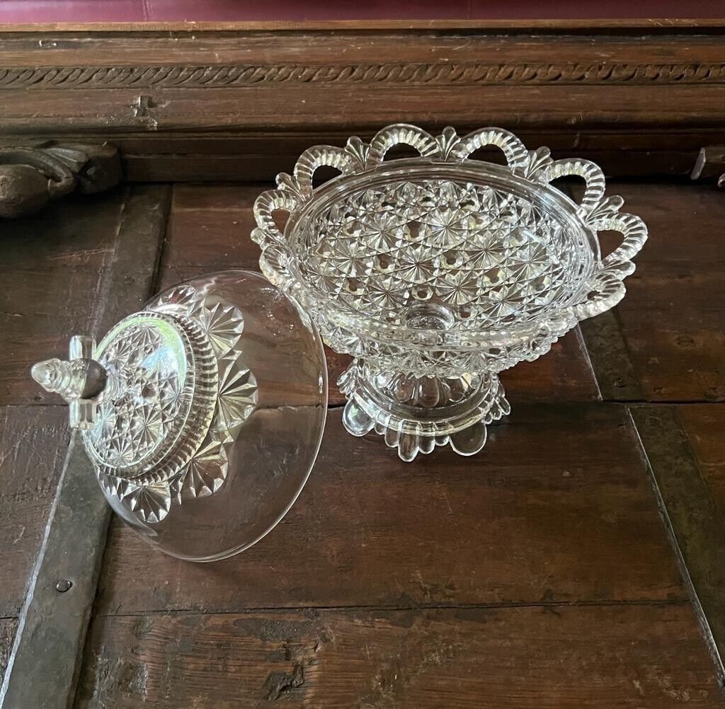 Vintage Pedestal Cut Glass Candy Dish Lidded Crystal Compote Elegant Pressed Glass Centerpiece Ornate Decorative Bowl Table Display