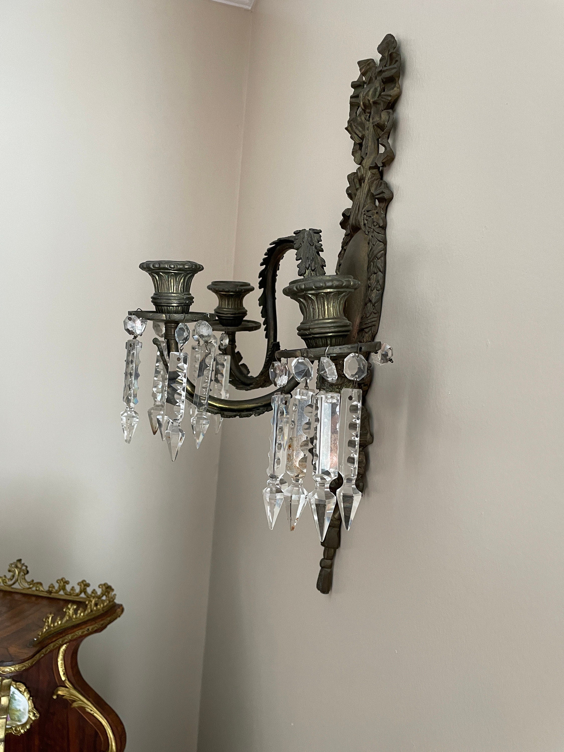 Pair of Antique 19th Century French Bronze Cut Crystal Prism 3 Arm Candlestick Wall Sconces Candelabra