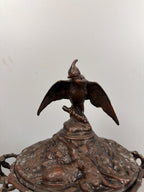Antique Bronze Hunting Scene Urns Pair: Stag, Hound, Mixed Bird Finials