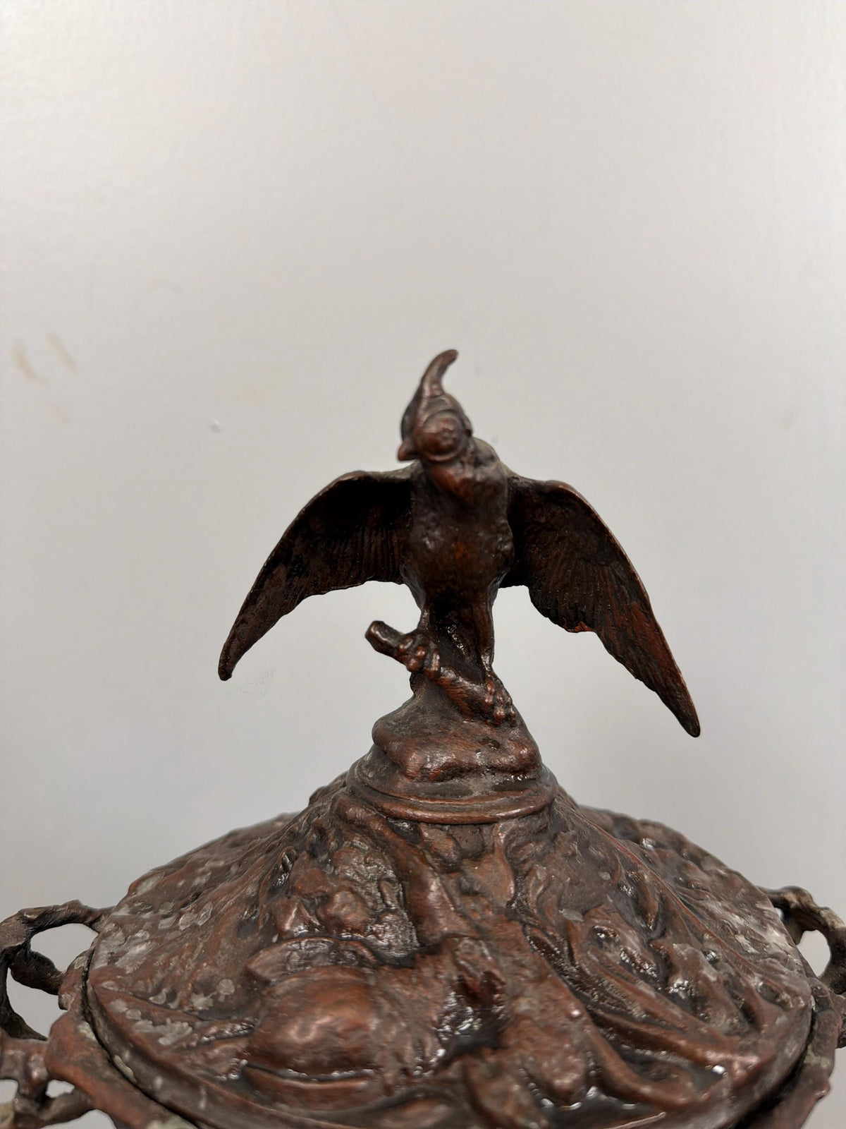 Antique Bronze Hunting Scene Urns Pair: Stag, Hound, Mixed Bird Finials