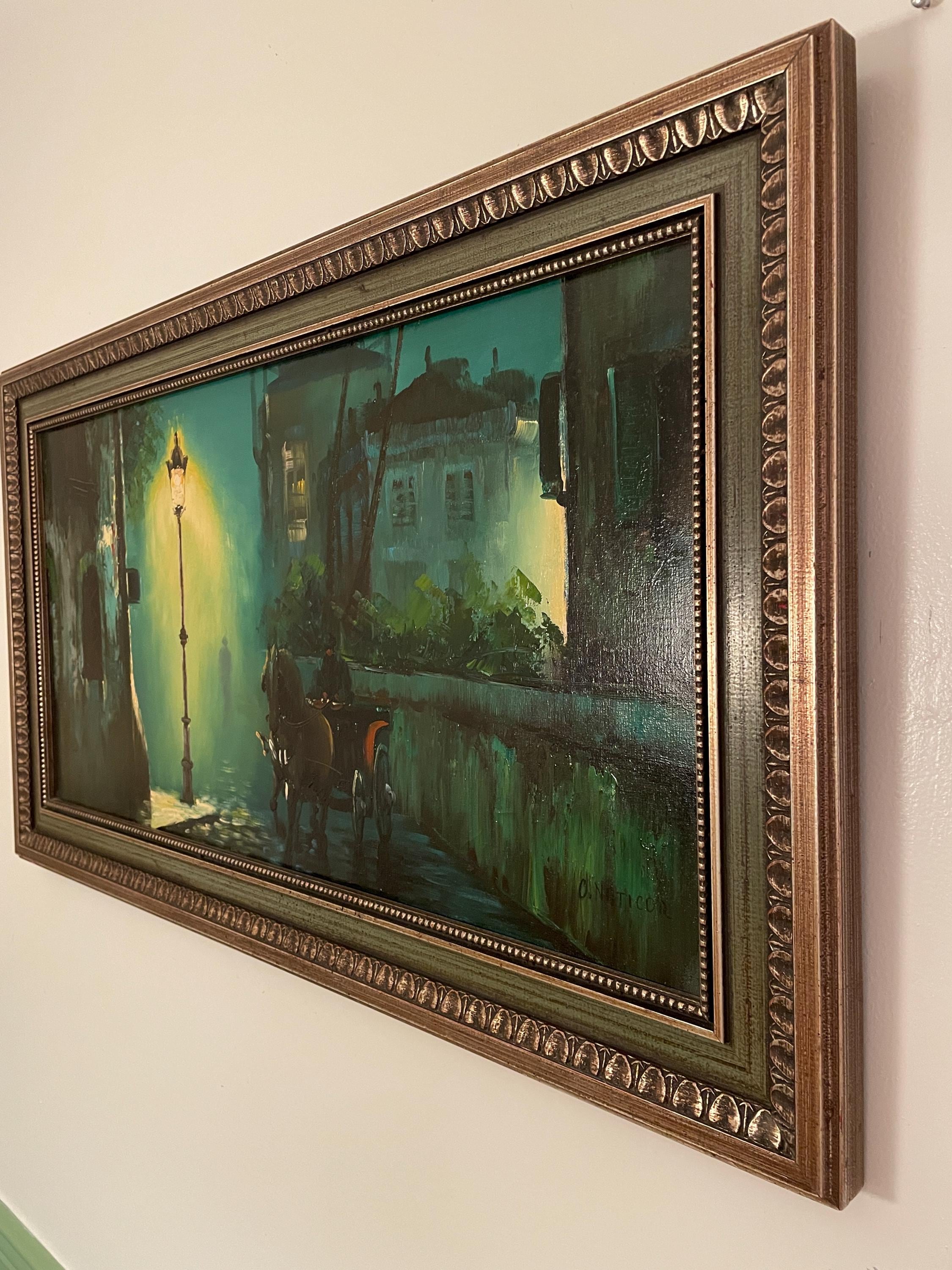 Vintage Wall Art Wood Oil Painting Horse Carriage Street Scene Night Cityscape Vintage Framed Artwork Victorian Era Style Signed Home Decor
