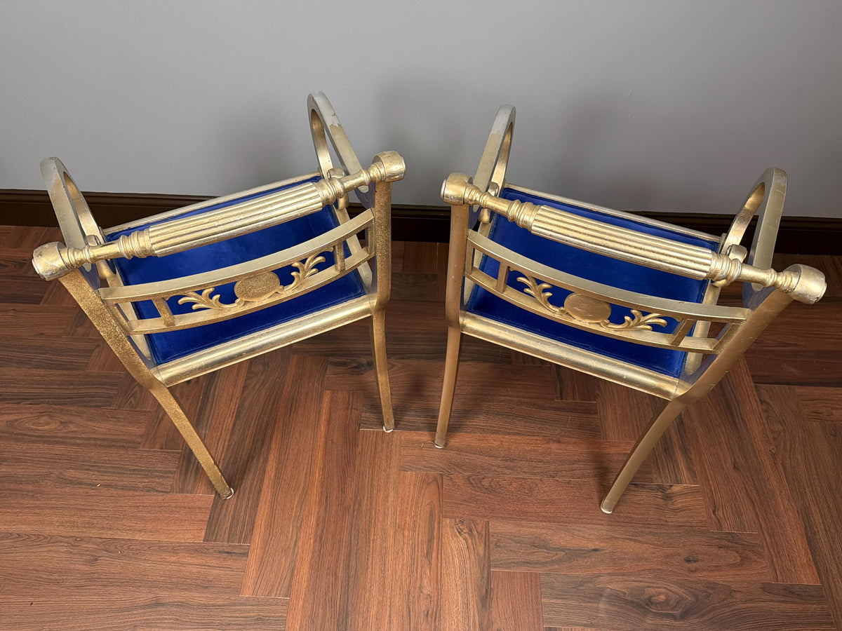 Pair Hollywood Regency Gilt Armchairs, Blue Velvet Seats, Neoclassical Scroll Accent Seating