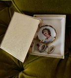 Vintage 1940s Limoges Hand Painted  Porcelain Cameo-like Trombone Clasp Screw Back Earrings and Brooch Set in Box Amazing Vintage Gift