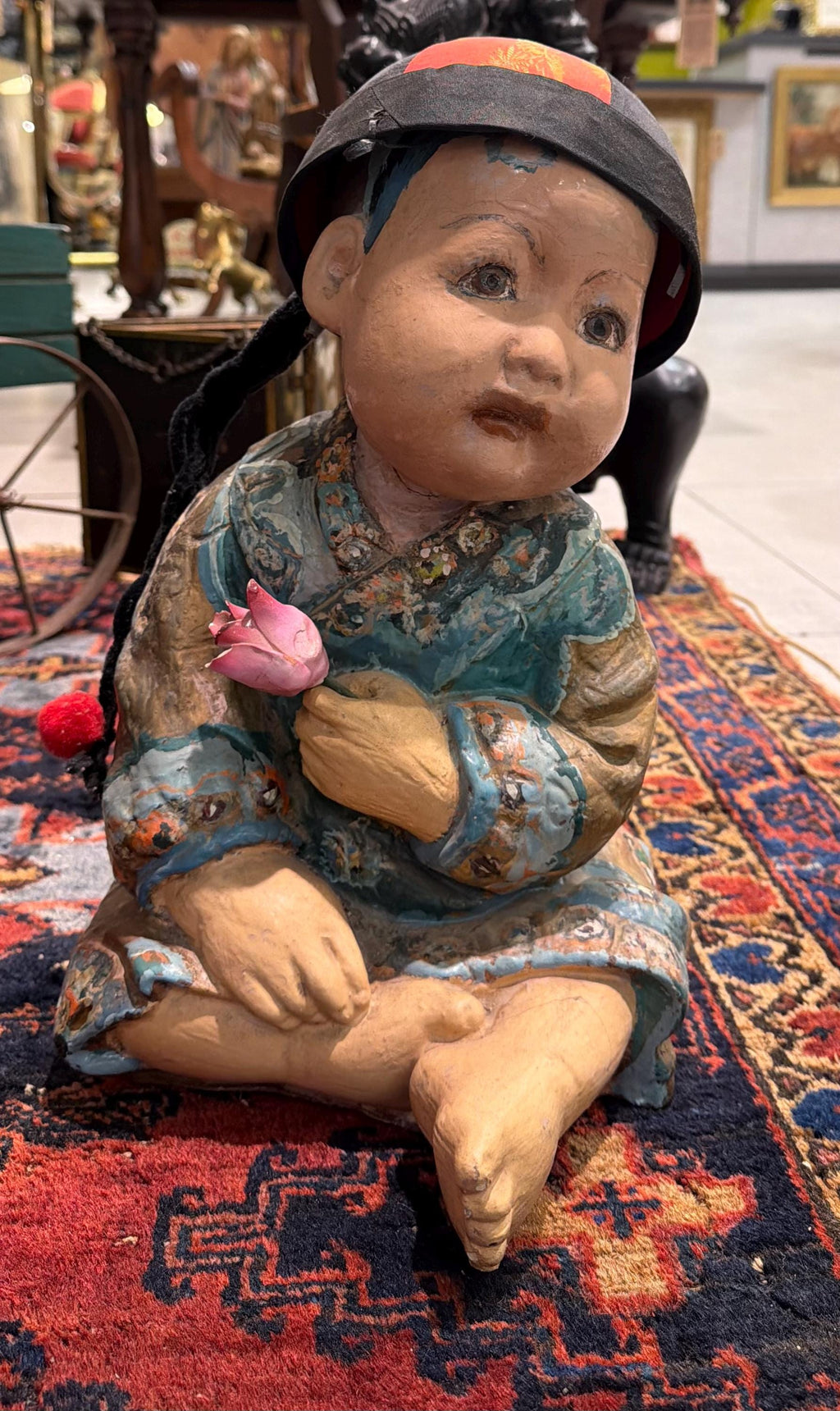 Antique Chinese Child Statue Holding Flower Asian Composition Figure Oriental Decorative Sculpture 16”