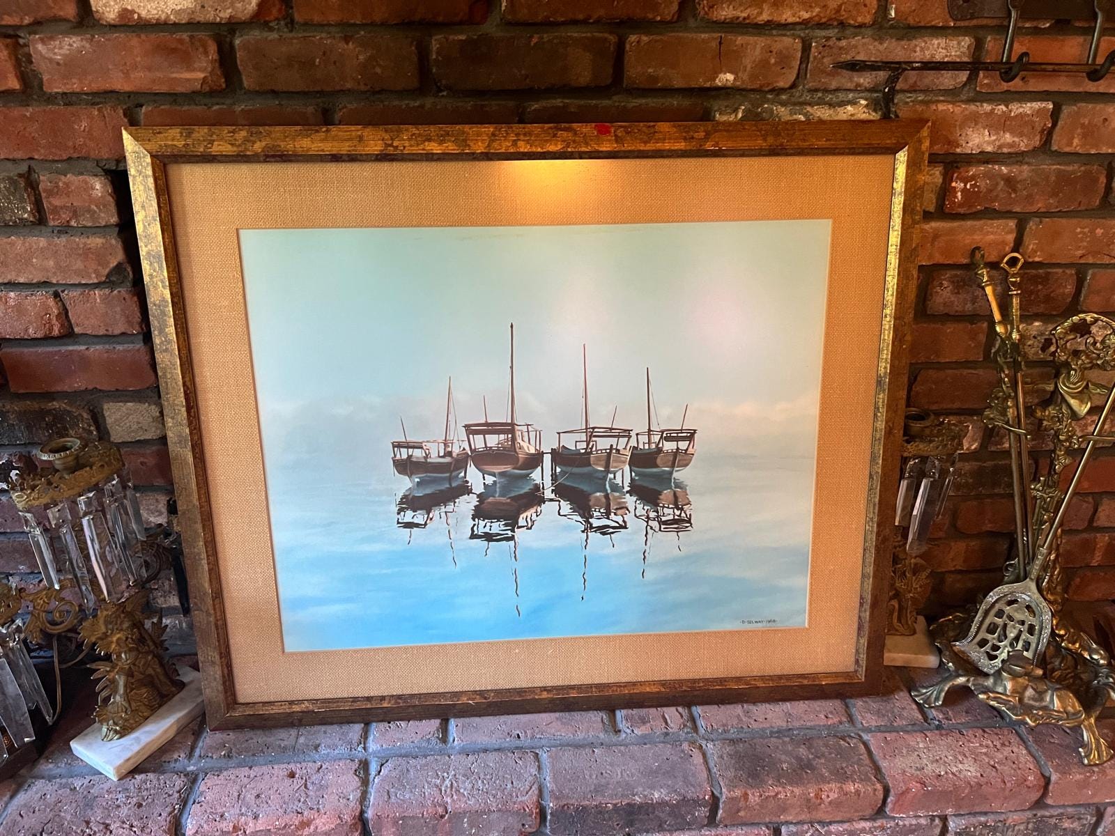 Vintage Framed Painting Serene Coastal Scene Boats Reflection Elegant Gold Frame Nautical Artwork Living Room Bedroom Office Home Decoration