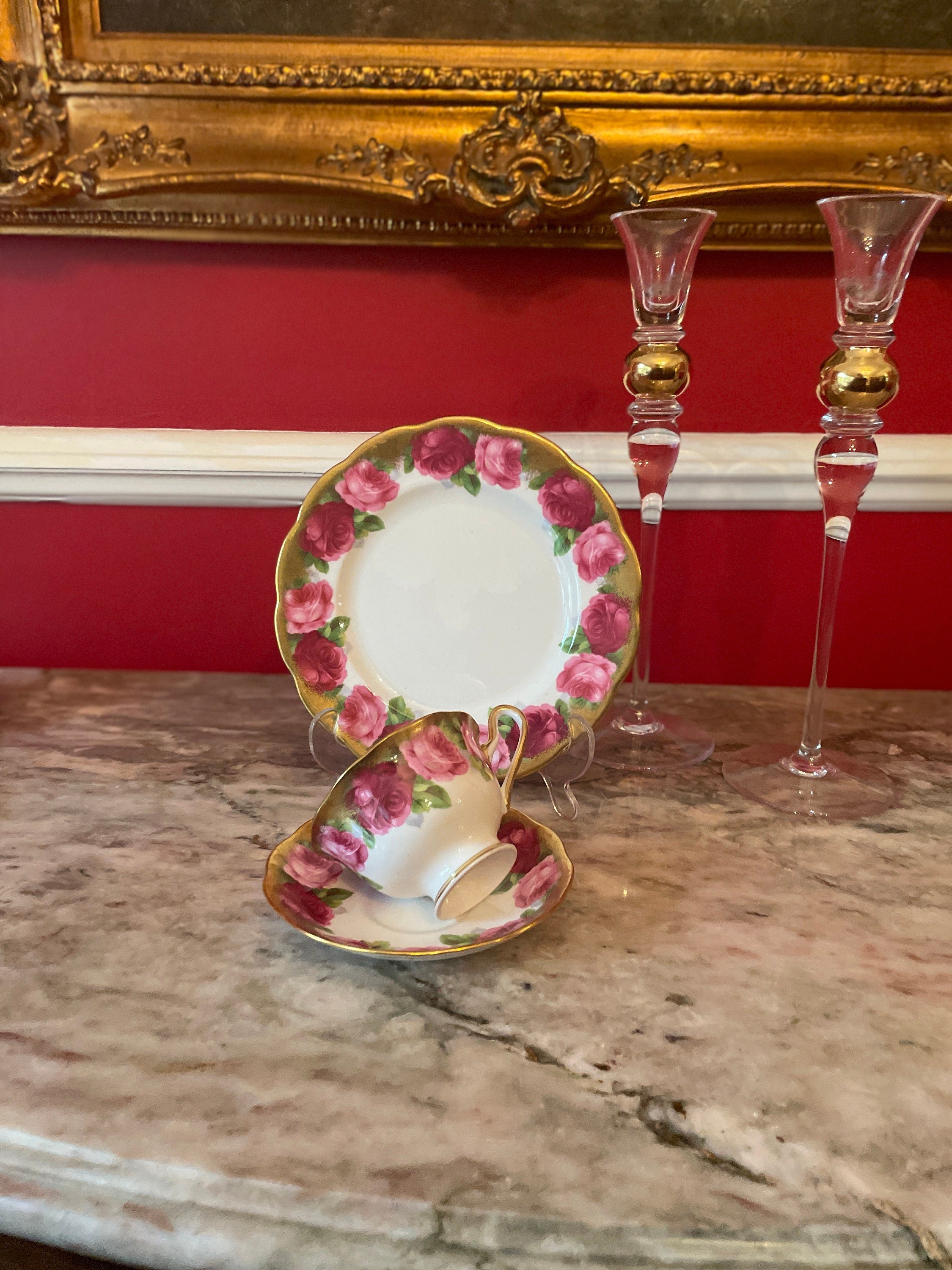 Vintage Set of 4 Royal Albert Gold Pink Floral Design Cups Saucers Dessert Plates.Made in England