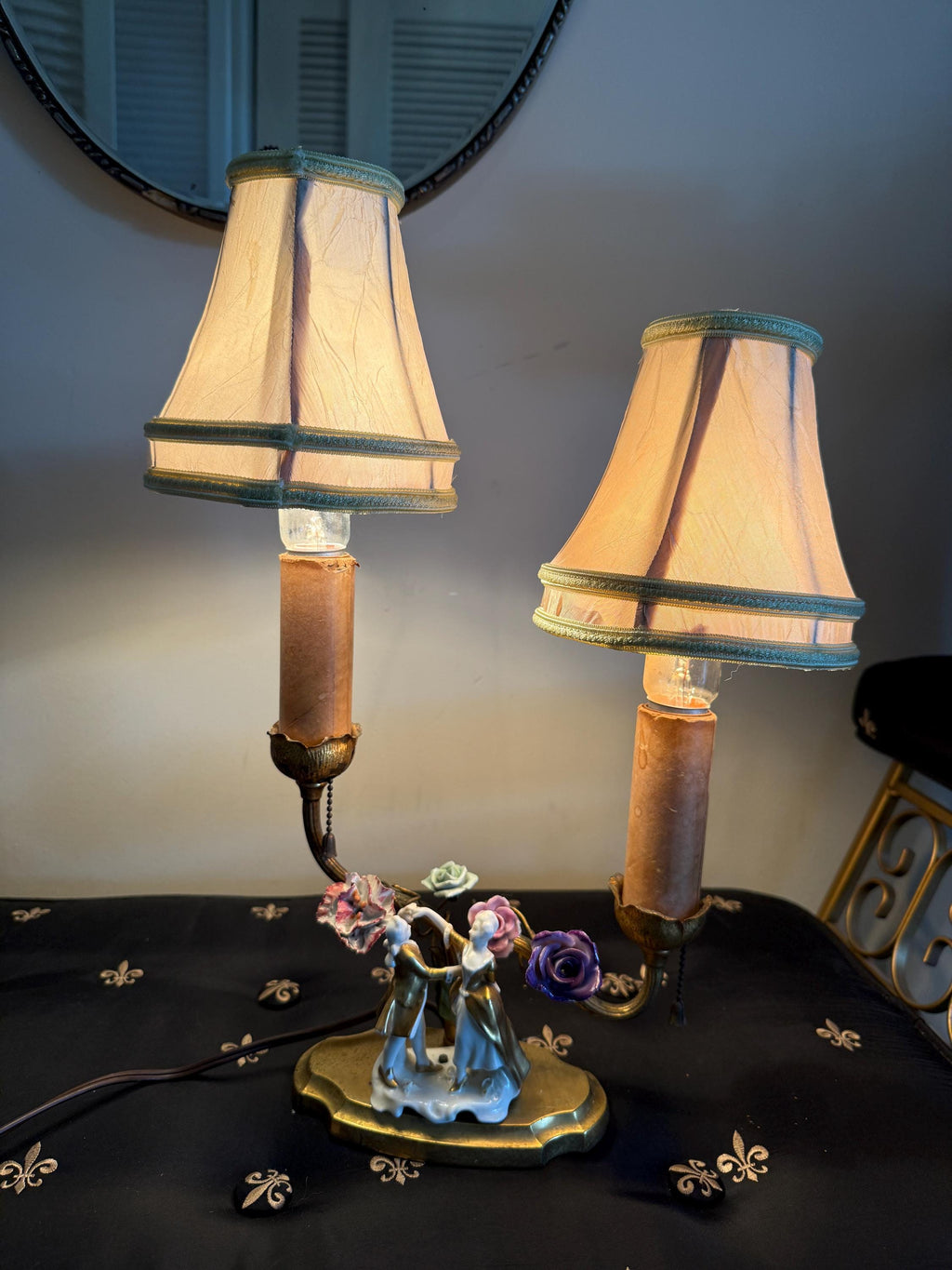 Antique Pair of French Victorian Bronze & Porcelain Lamps Early 1900s Hand Painted Figurines Flowers Exquisite Rare Pair Working Table Lamp