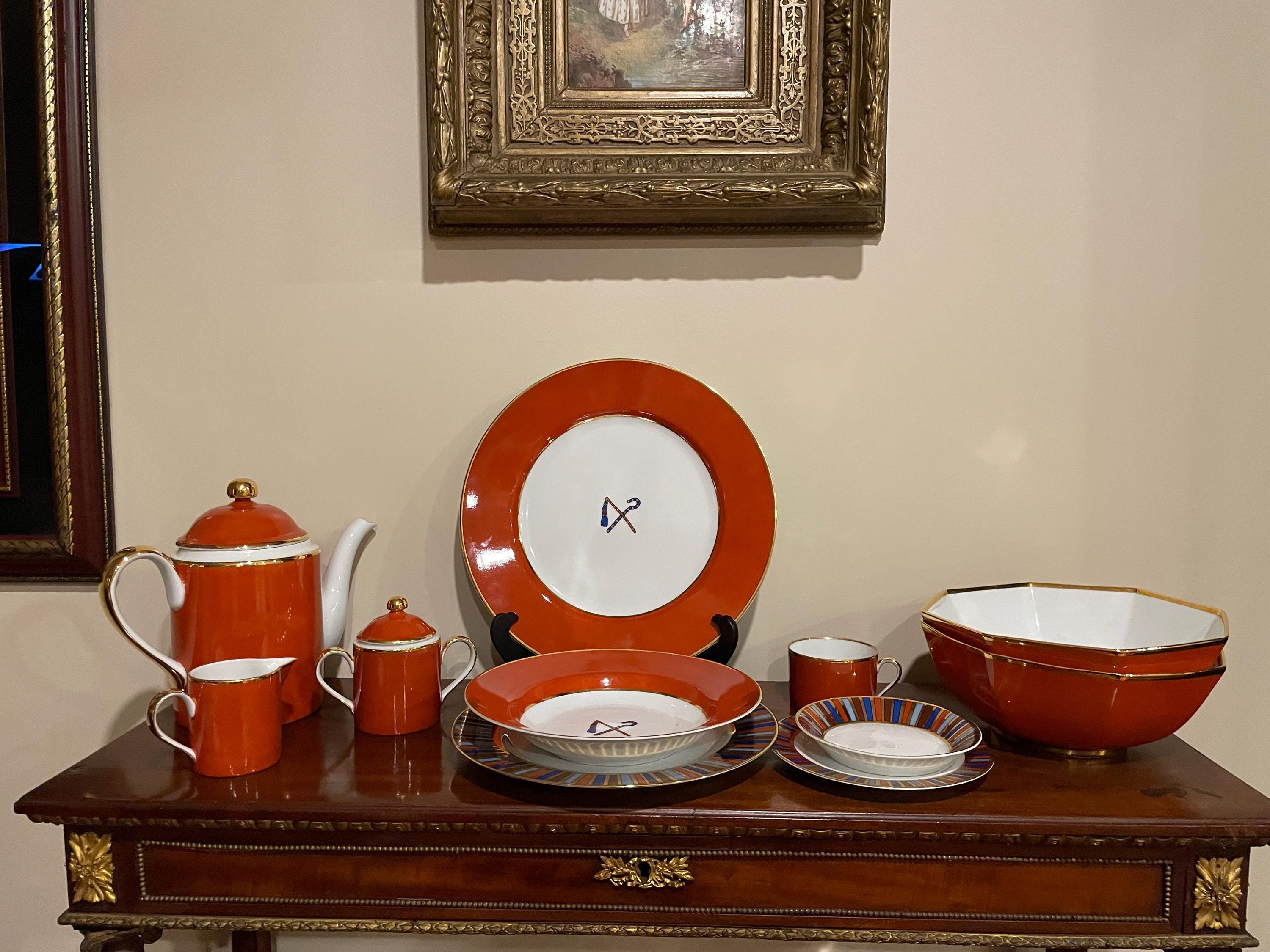 Vintage Ramses Fitz Floyd Porcelain Dinnerware Set Service For 8 Elegant Dinner Plates Platter Cups Saucers Teapot Creamer Gold Red Blue Set