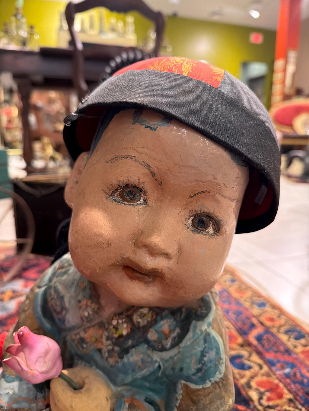 Antique Chinese Child Statue Holding Flower Asian Composition Figure Oriental Decorative Sculpture 16”