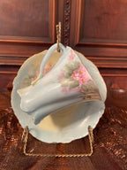 Antique Versailles Demitasse Cup Saucer Set Hand Painted Pink Blossoms Scalloped Edges Pastel Blue Gold Rim Vintage Porcelain Collectible